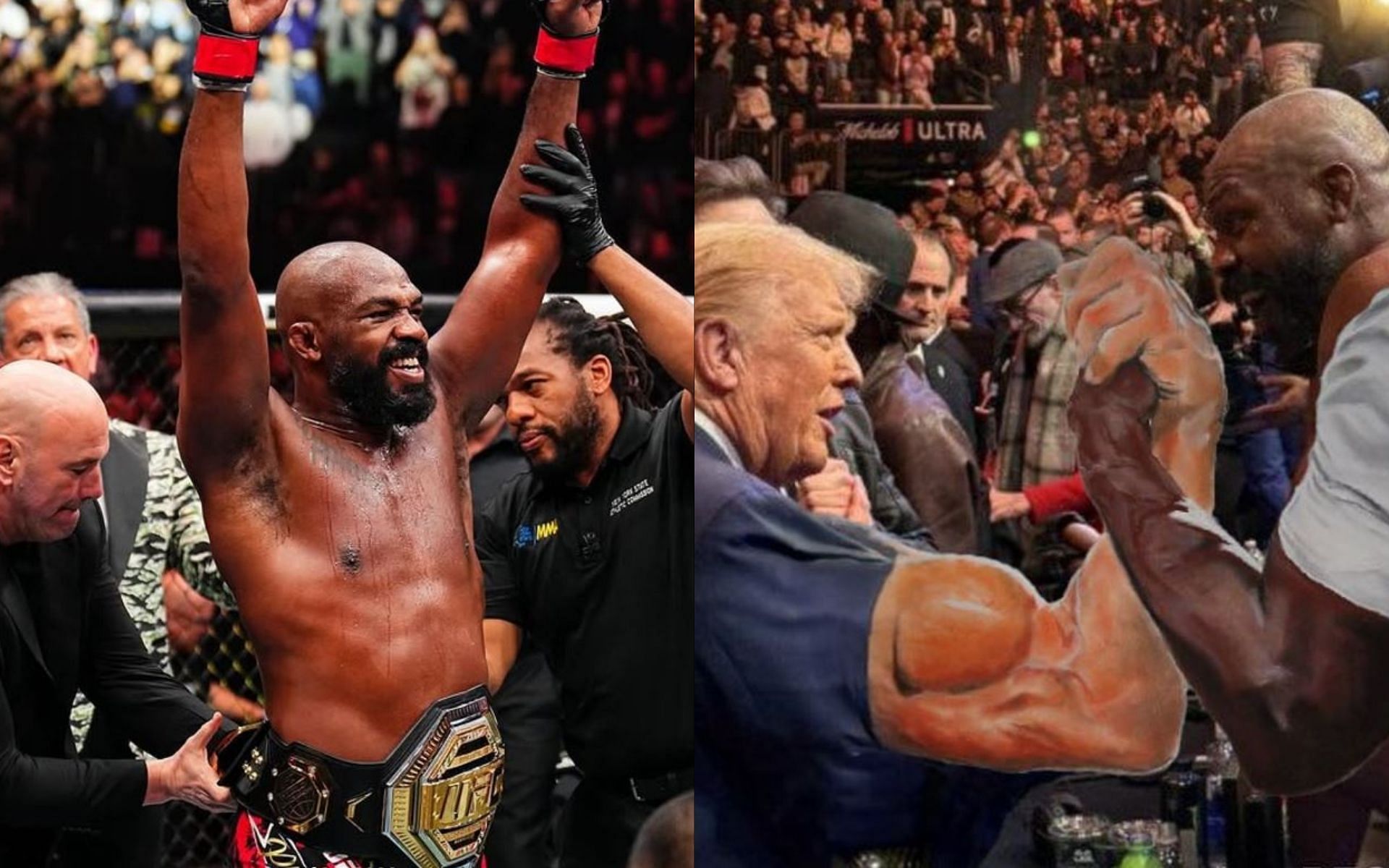 Jon Jones (left) posted an edited photo (right) of him and Donald Trump at UFC 309. [Image credit: @ufc on Instagram, @jonnybones on X]