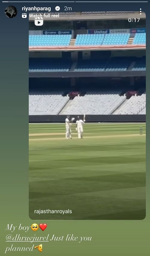 Riyan Parag reacts to Dhruv Jurel’s 80-run knock (Image via Instagram-@riyanhparag)
