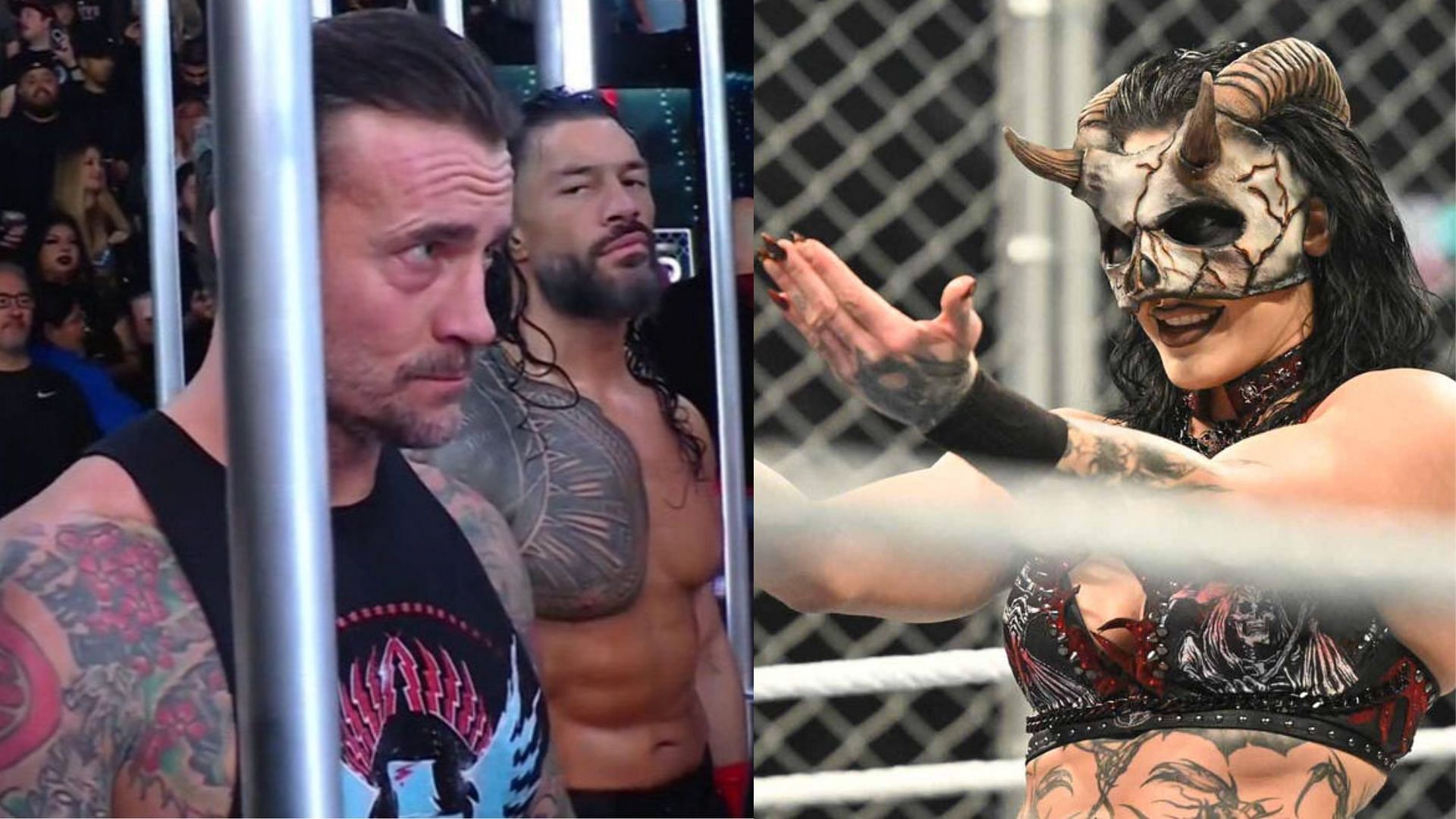 CM Punk, Roman Reigns, and Rhea Ripley (Images via WWE.com and SonyLIV.com)