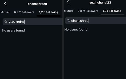 Screenshots of Dhanashree Verma and Yuzvendra Chahal's Instagram following list.