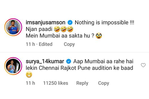 ESuryakumar Yadav posts a hilarious comment on Sanju Samson's latest post (Image via Instagram-@imsanjusamson)