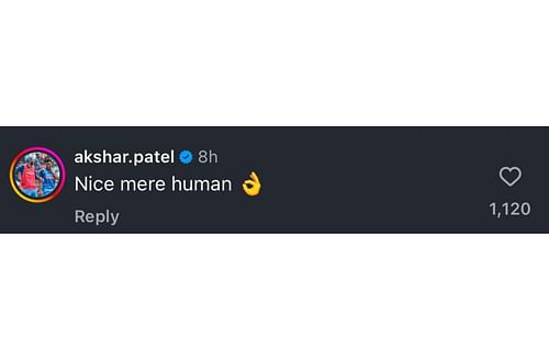 Screenshot of Axar Patel's comment on Rishabh Pant's Instagram post.