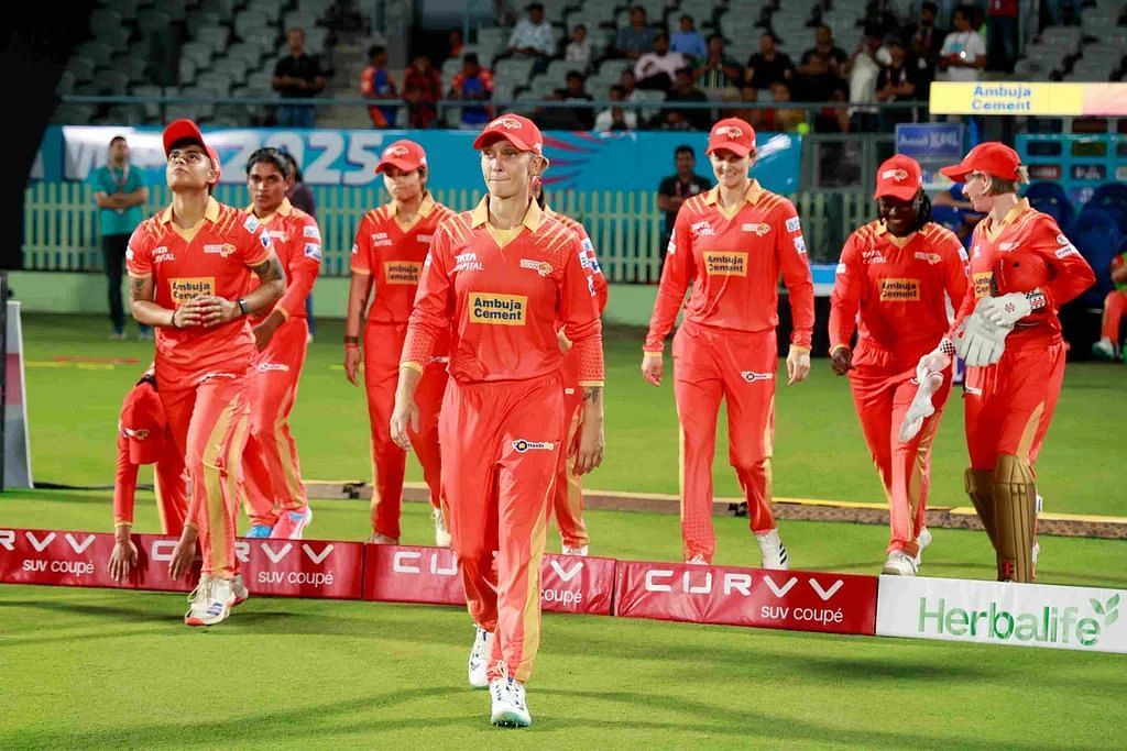 Gujarat Giants team headed by Ashleigh Gardner during GG vs UPW Match 3 of WPL 2025