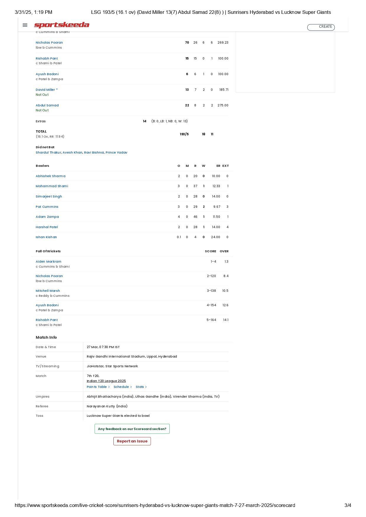 LSG vs SRH IPL 2025 scorecard.