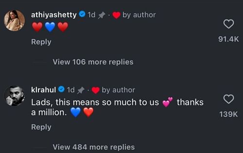 Screenshot of KL Rahul and Athiya Shetty's comments.