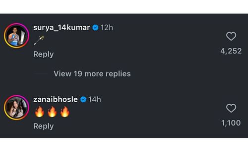 Screenshot of Suryakumar Yadav and Zanai Bhosle's comments.