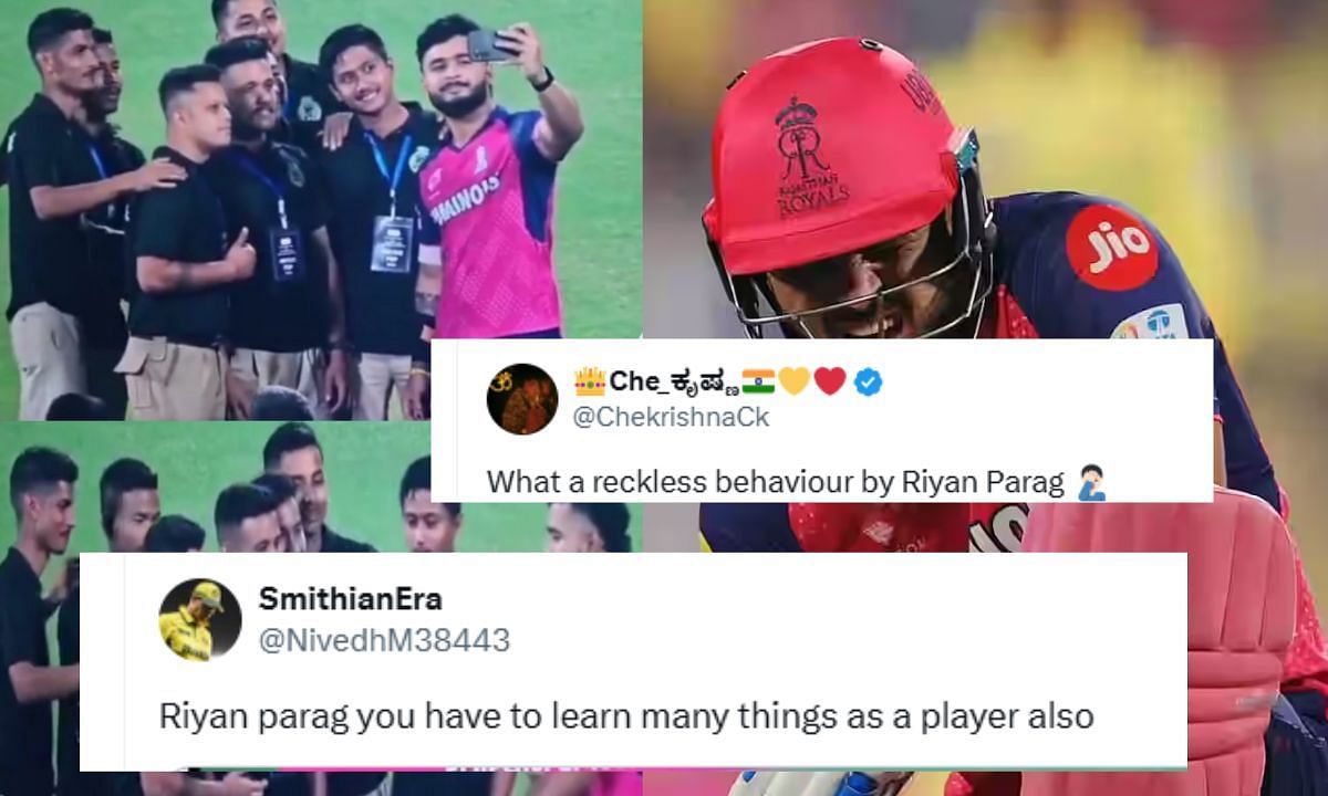 रियान पराग अपने बर्ताव के कारण फैंस के निशाने पर आ गए हैं (Photo Credit: X/@TrollCricketID, BCCI, @ChekrishnaCk, @NivedhM38443)