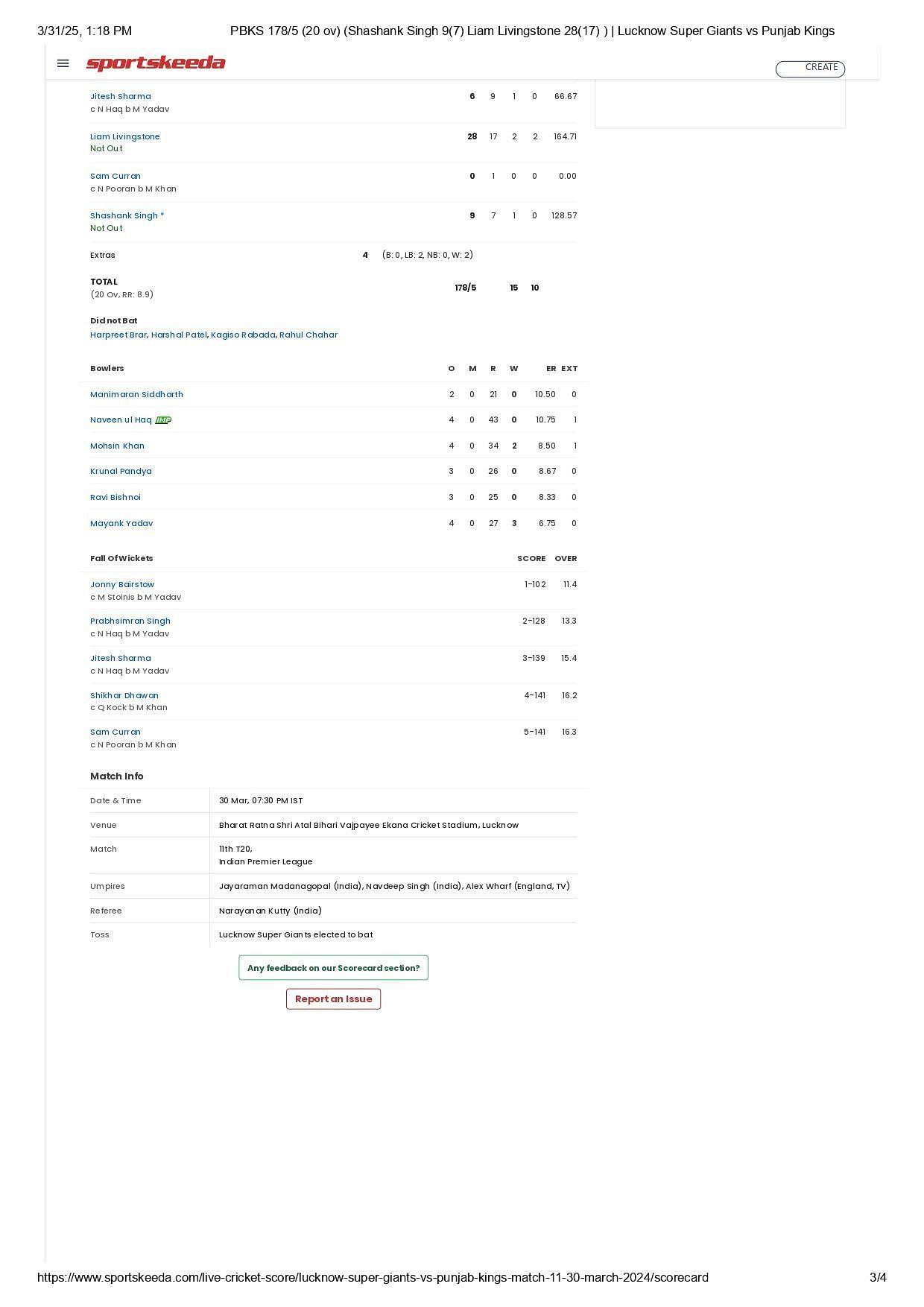LSG vs PBKS IPL 2024 scorecard.