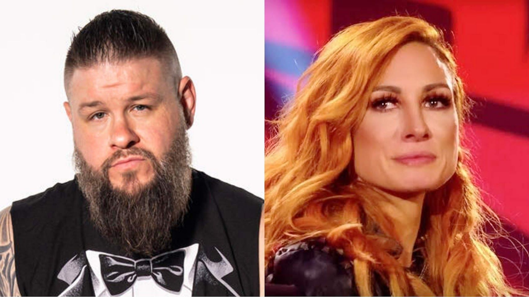 Kevin Owens (left); Becky Lynch announcing her pregnancy in 2020 (right) [Images from WWE.com]