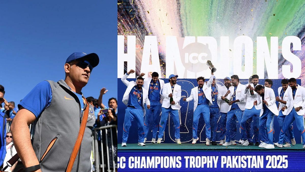 महेंद्र सिंह धोनी और चैंपियंस ट्रॉफी 2025 के खिताब के साथ टीम इंडिया (Photo Credit_Getty)