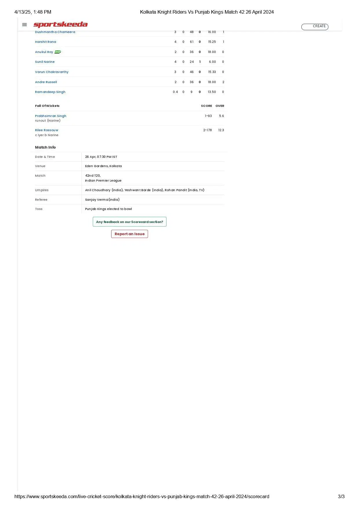 KKR vs PBKS IPL 2024 scorecard.