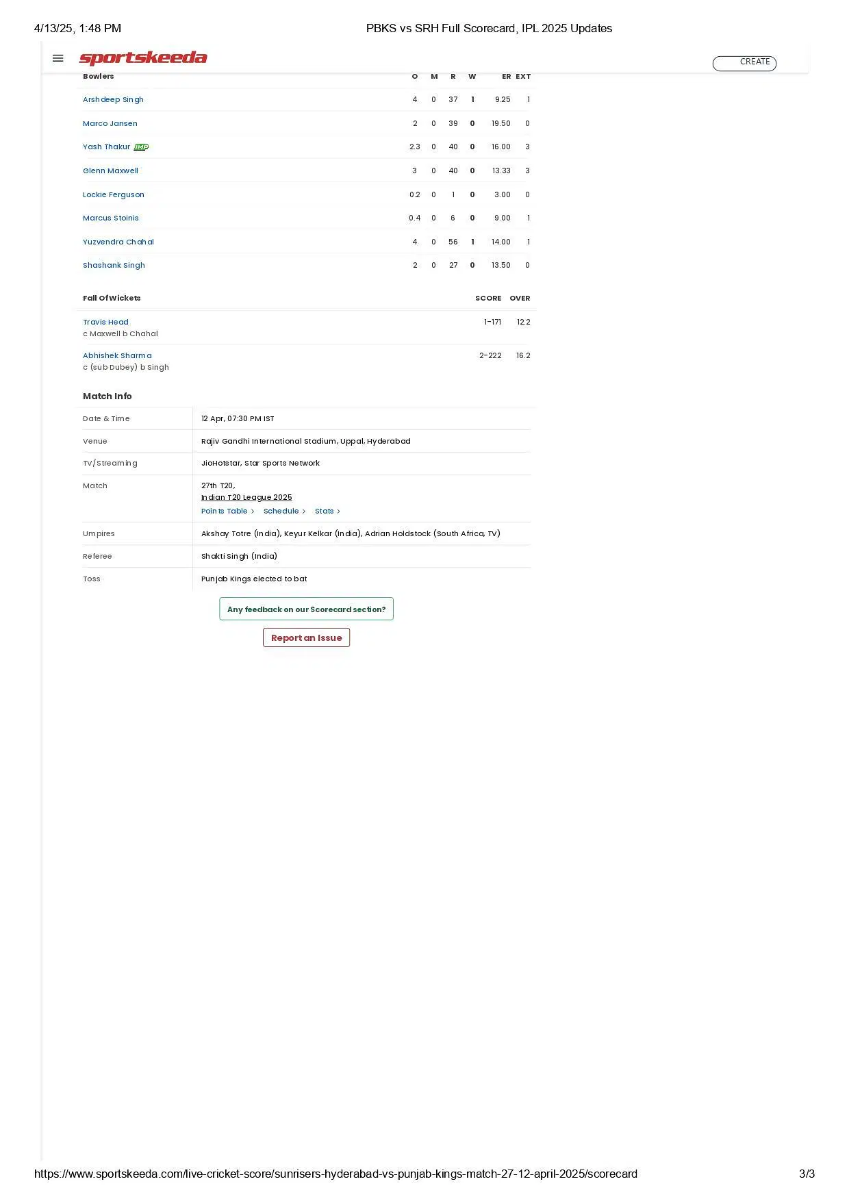 PBKS vs SRH 2025 scorecard.