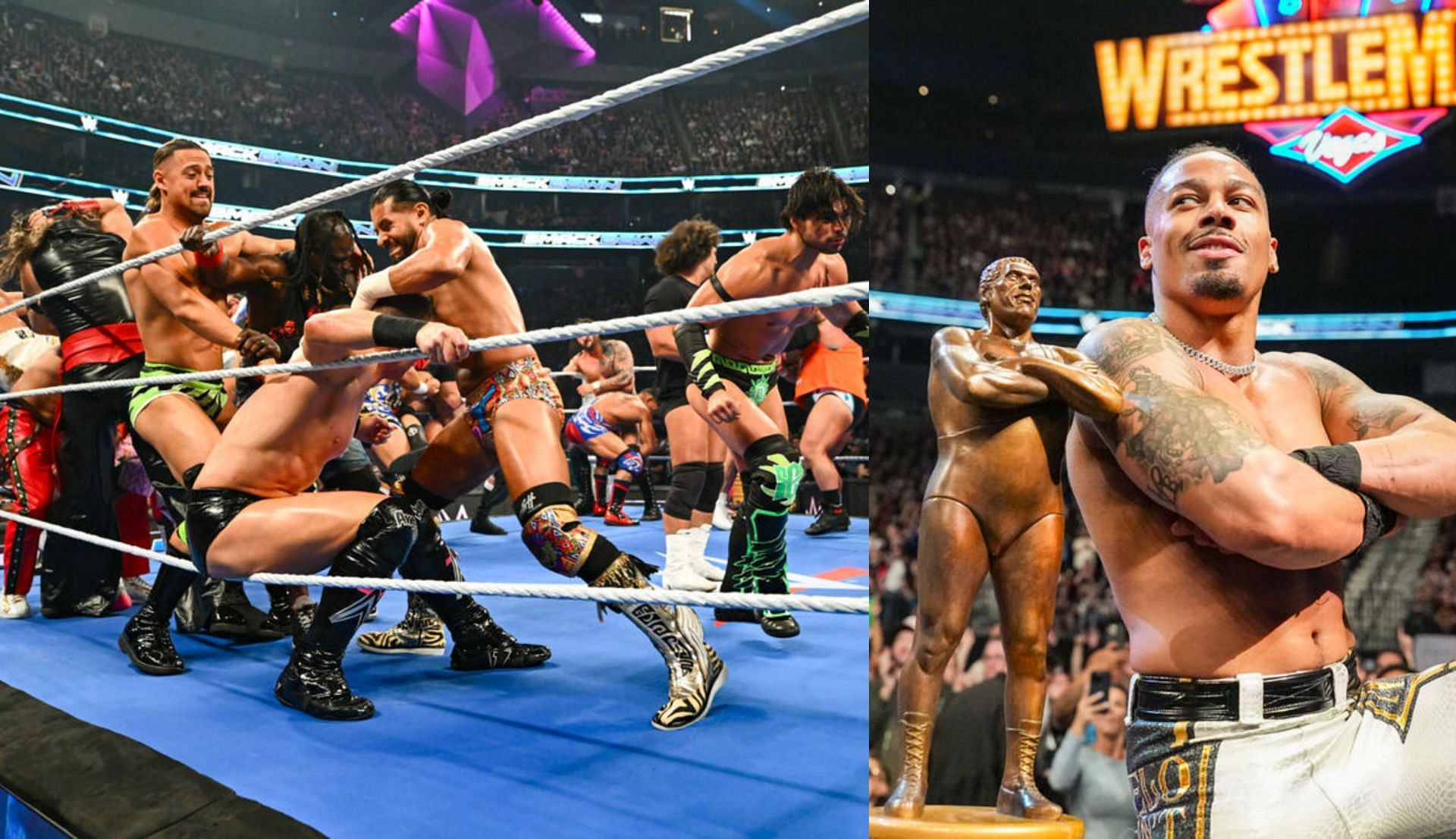 रिंग में लड़ते हुए सुपरस्टार्स और कार्मेलो हेज जीत सेलिब्रेट करते हुए (Photo: WWE.com)