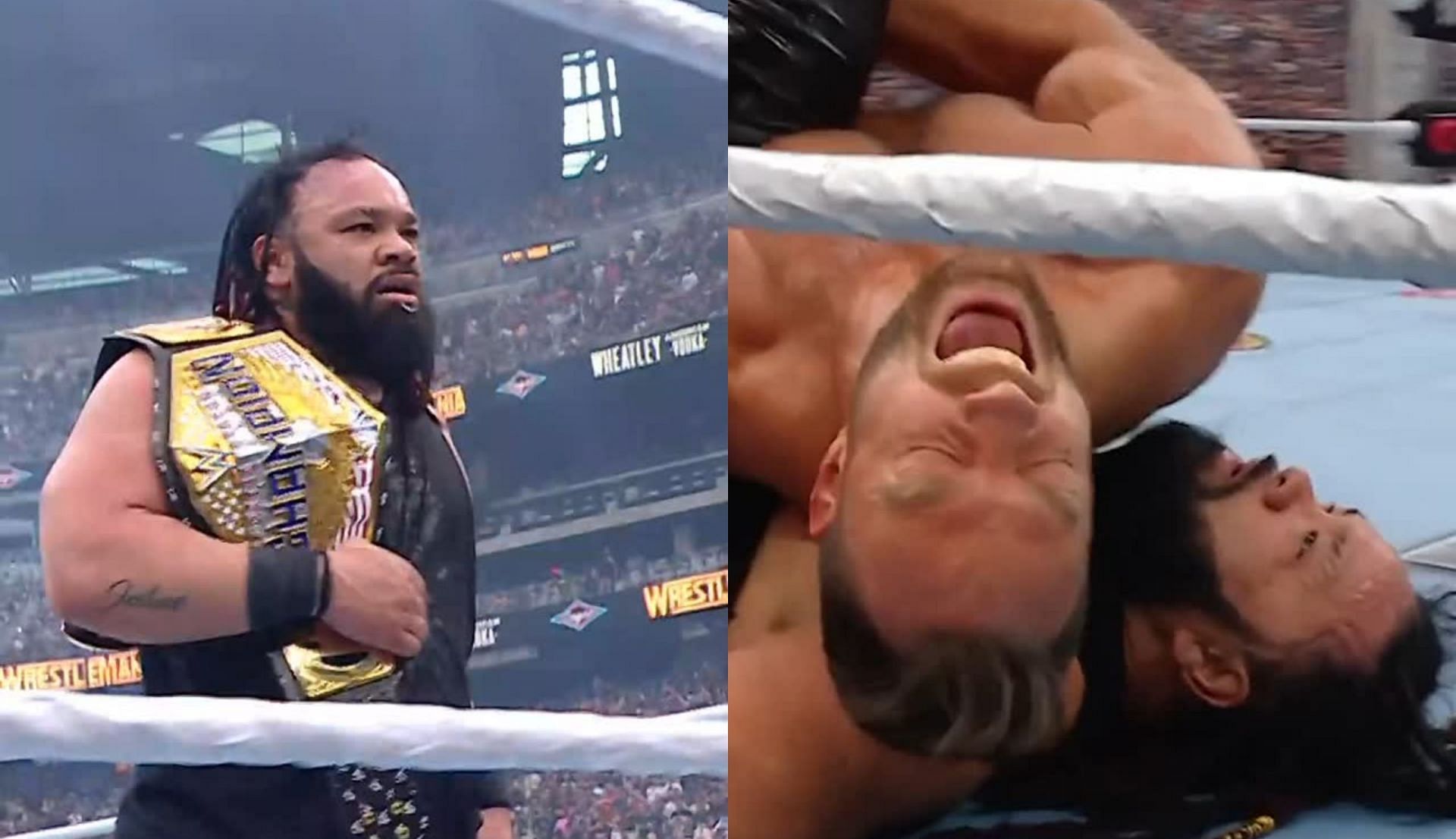 जेकब फाटू चैंपियन बनने के बाद और एलए नाइट पिन करते हुए (Photo: WWE Instagram Screenshot)