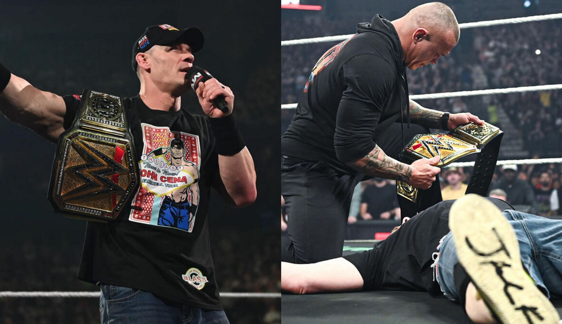 जॉन सीना प्रोमो कट करते हुए और रैंडी ऑर्टन चैंपियनशिप देखते हुए (Photo: WWE.com)