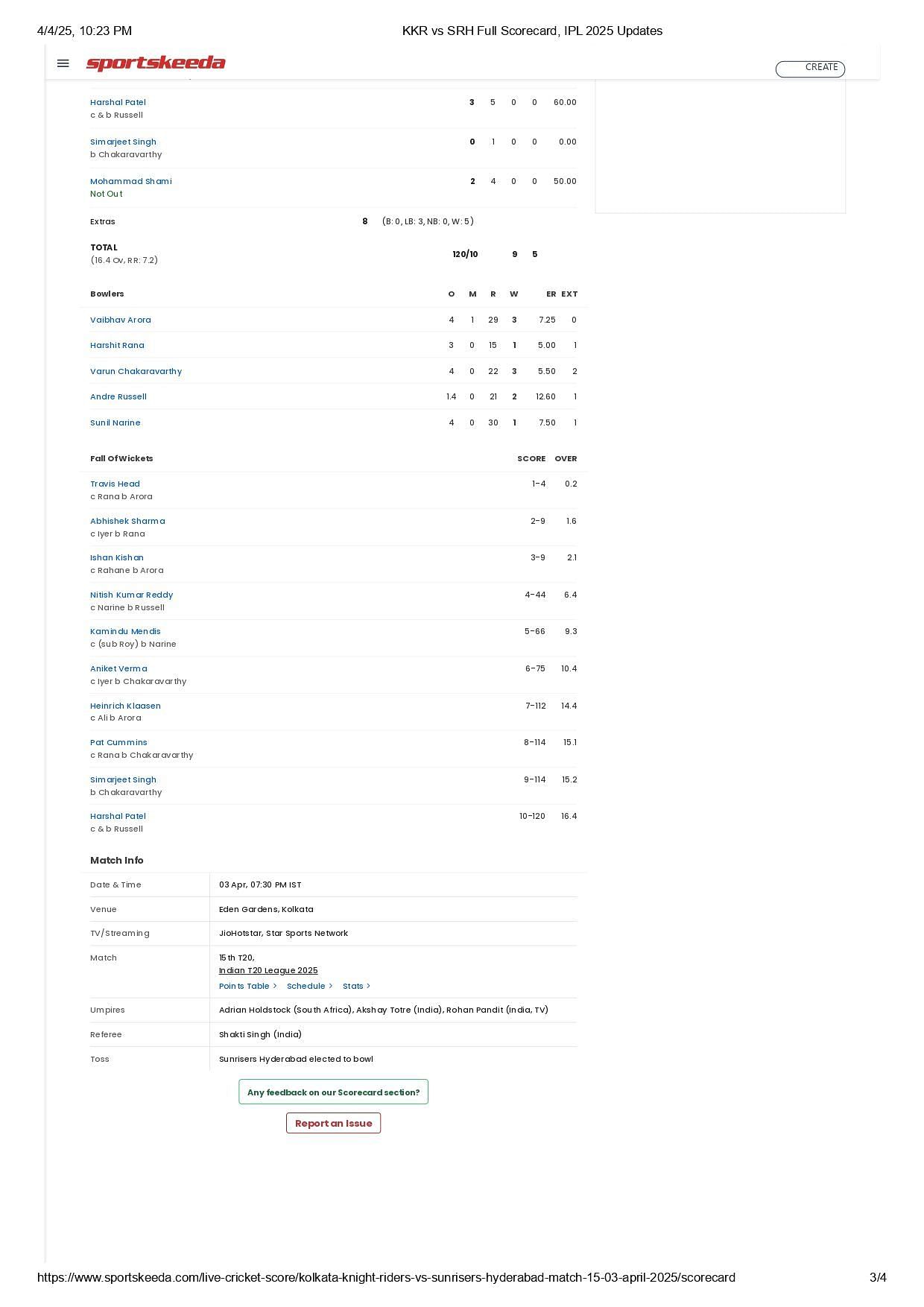 SRH vs KKR IPL 2025 scorecard.