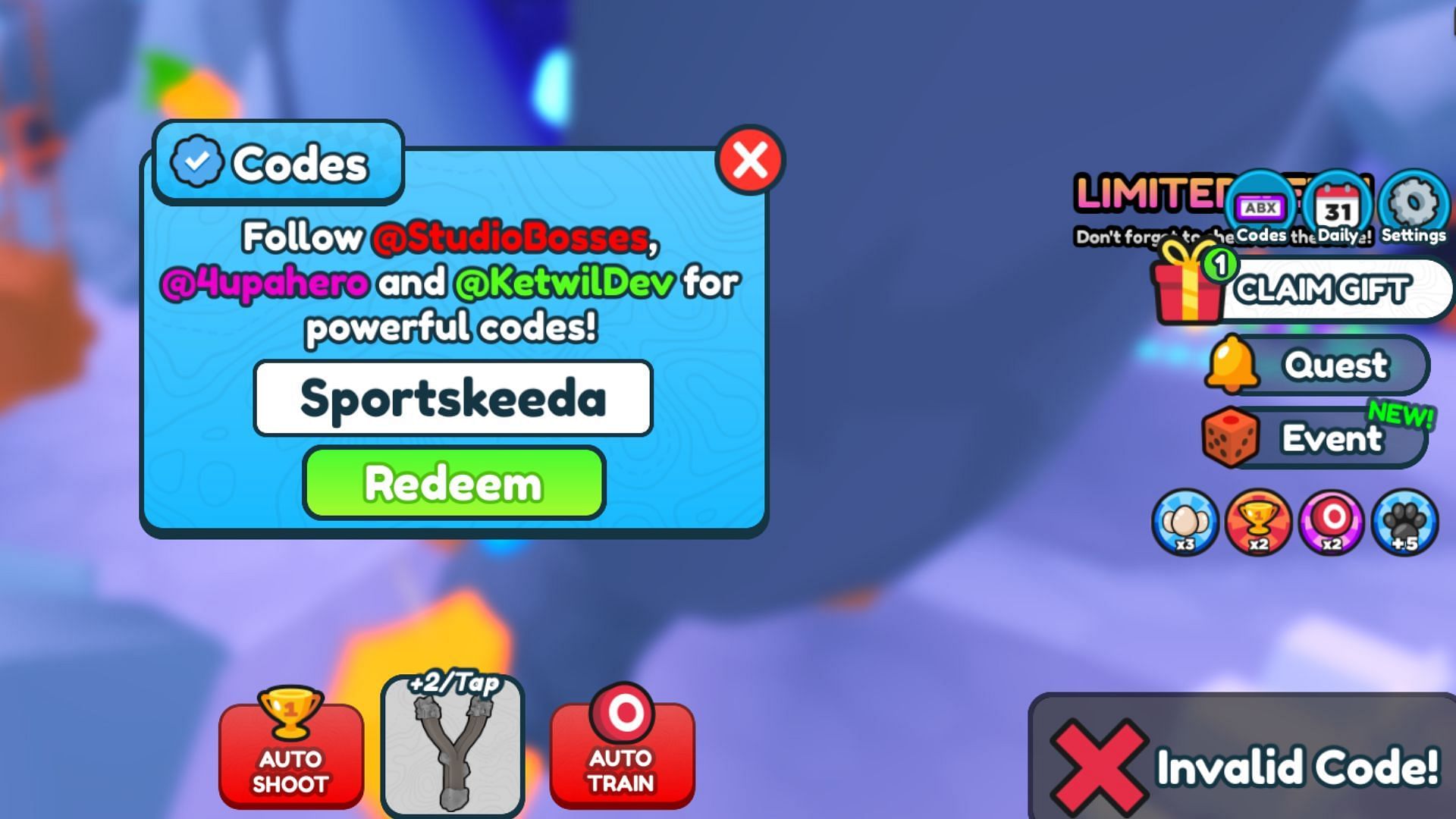 The &quot;Invalid Code!&quot; error in Fly Pets (Image via Roblox)