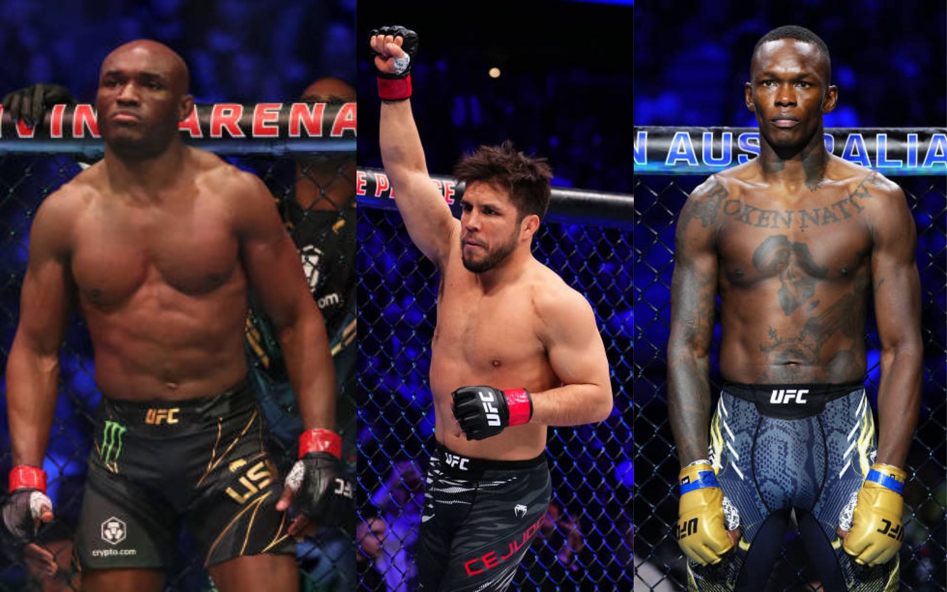 Kamaru Usman (left), Henry Cejudo (center) and Israel Adesanya (right) joke about losing streak [Image credits: Getty Images]