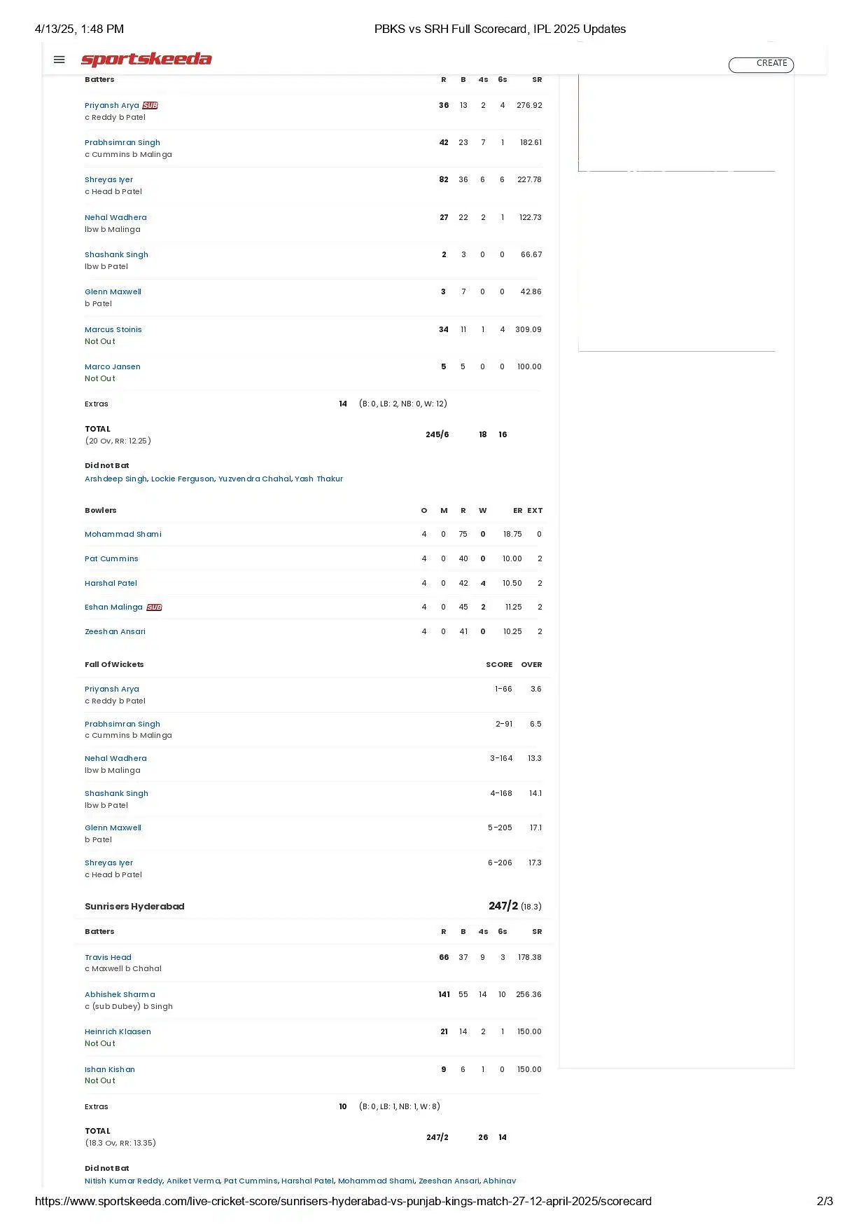 PBKS vs SRH 2025 scorecard.