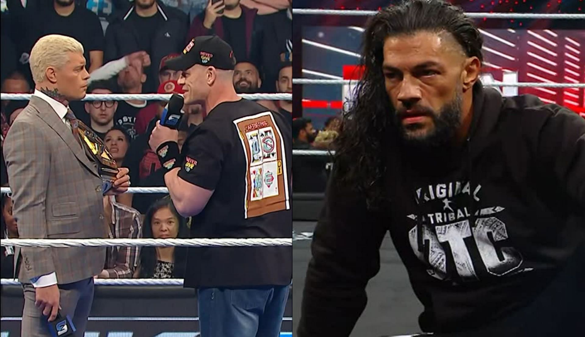 जॉन सीना, कोडी रोड्स के खिलाफ प्रोमो कट करते हुए और रोमन रेंस गुस्से में (Photo: WWE Instagram Screenshot)