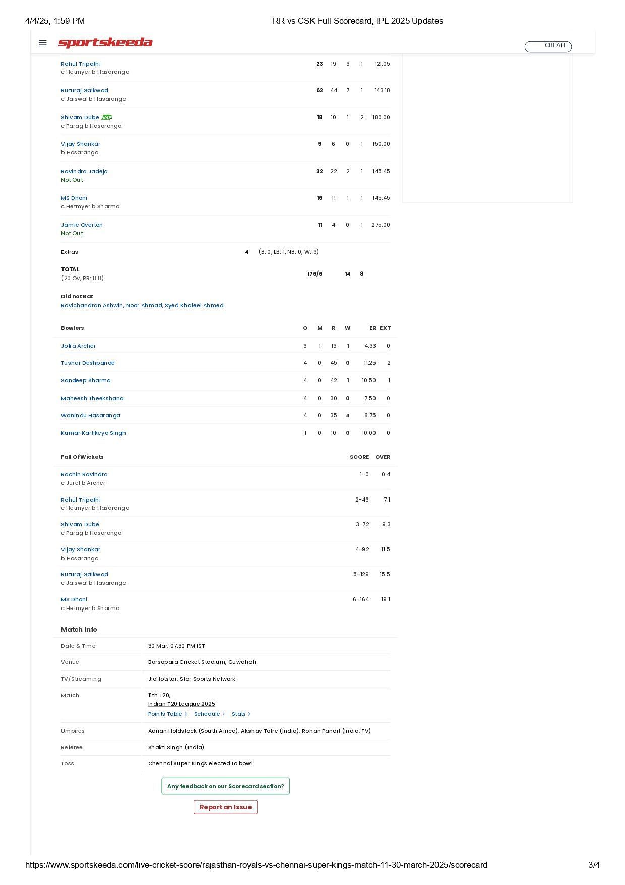 RR vs CSK IPL 2025 scorecard.