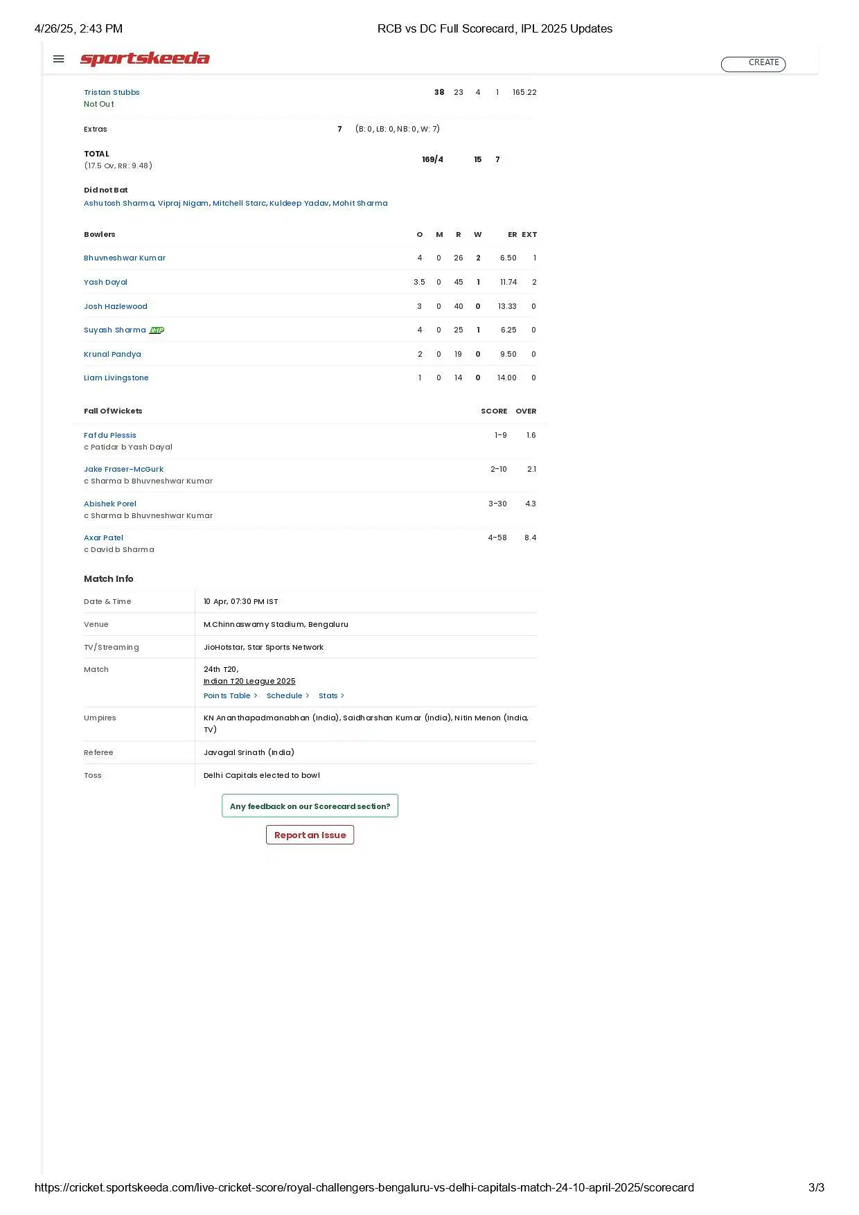 RCB vs DC IPL 2025 scorecard.