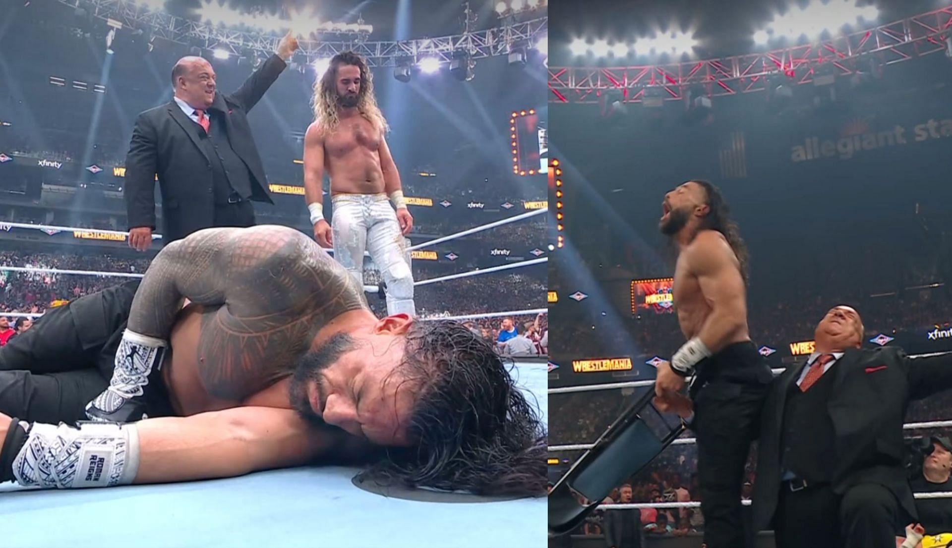 WWE स्टार सैथ रॉलिंस जीत के बाद &amp; रोमन रेंस को धोखे देते हुए पॉल हेमन (Photo: SK Wrestling X)
