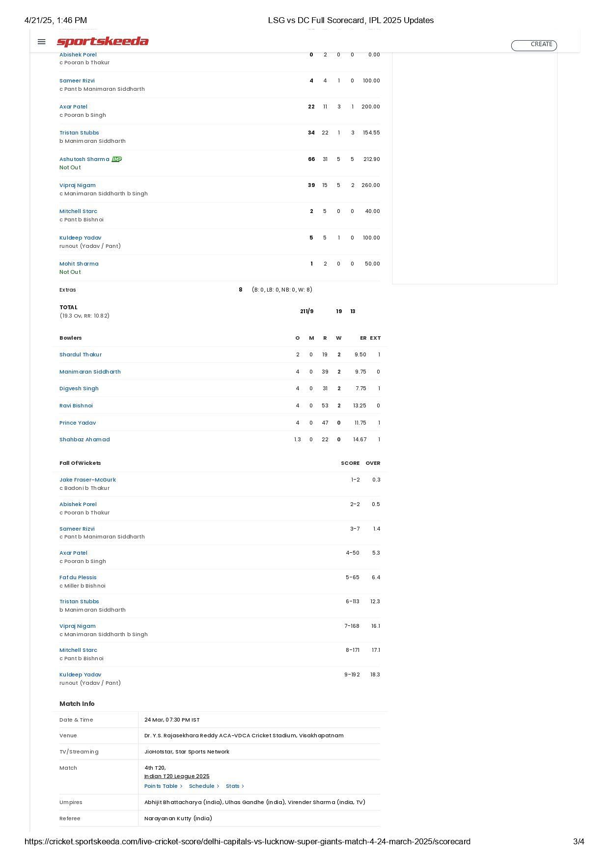 LSG vs DC IPL 2025 scorecard.