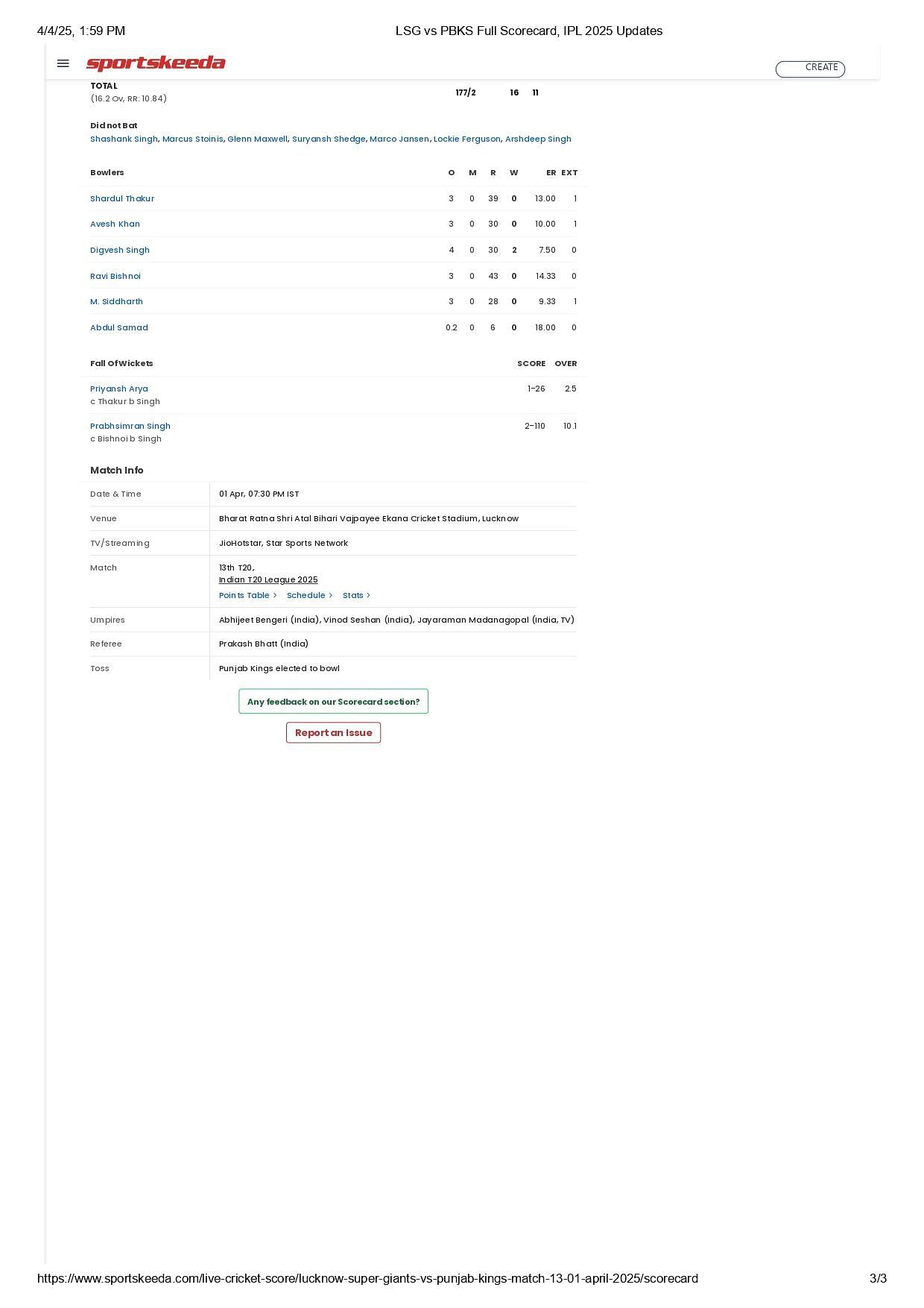 PBKS vs LSG IPL 2025 scorecard