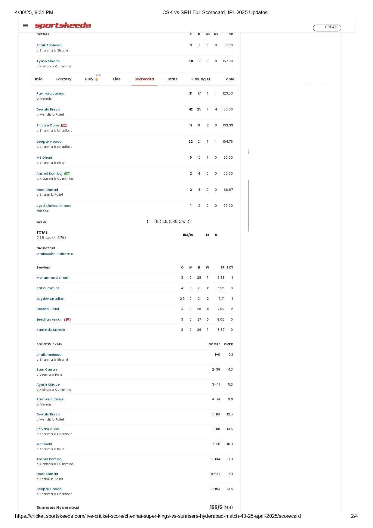 CSK vs SRH 2025 scorecard.