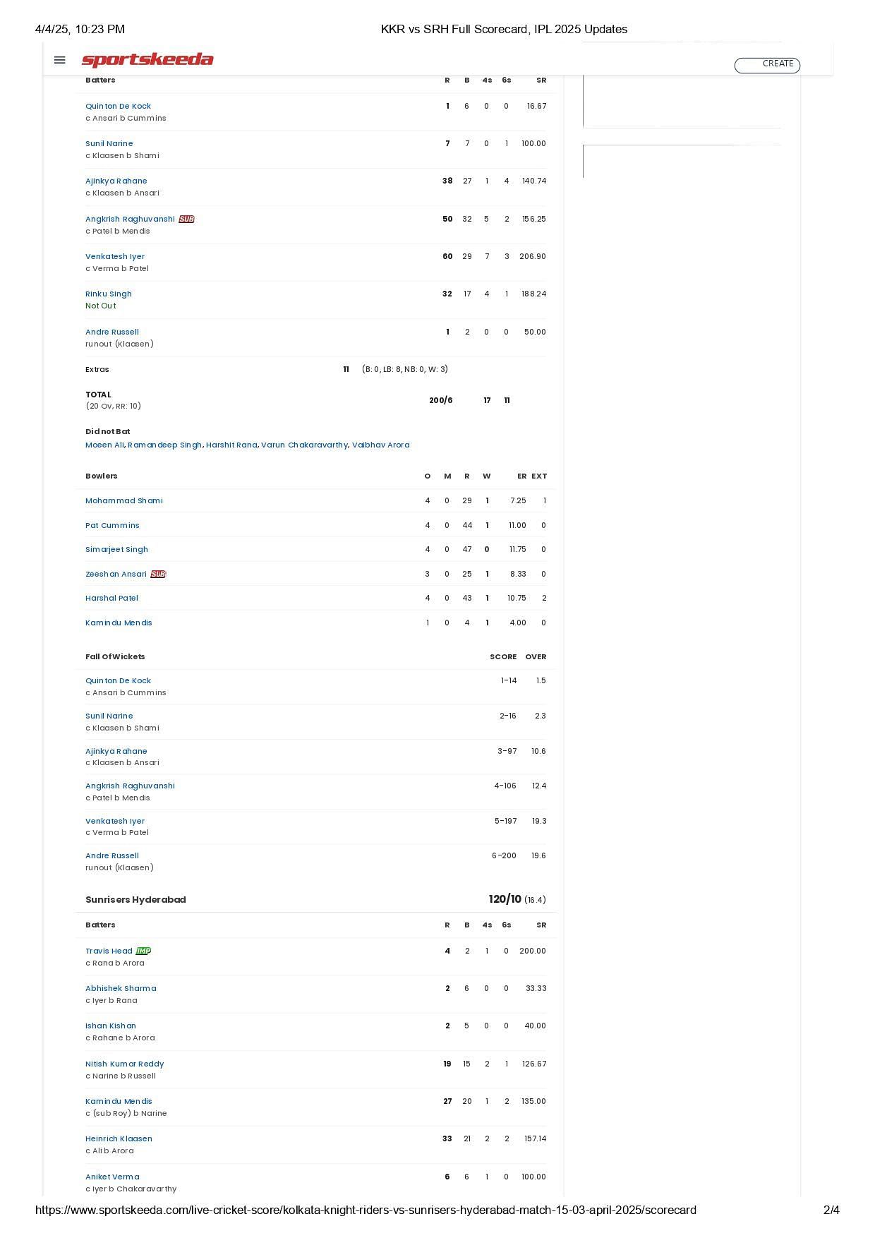 SRH vs KKR IPL 2025 scorecard.