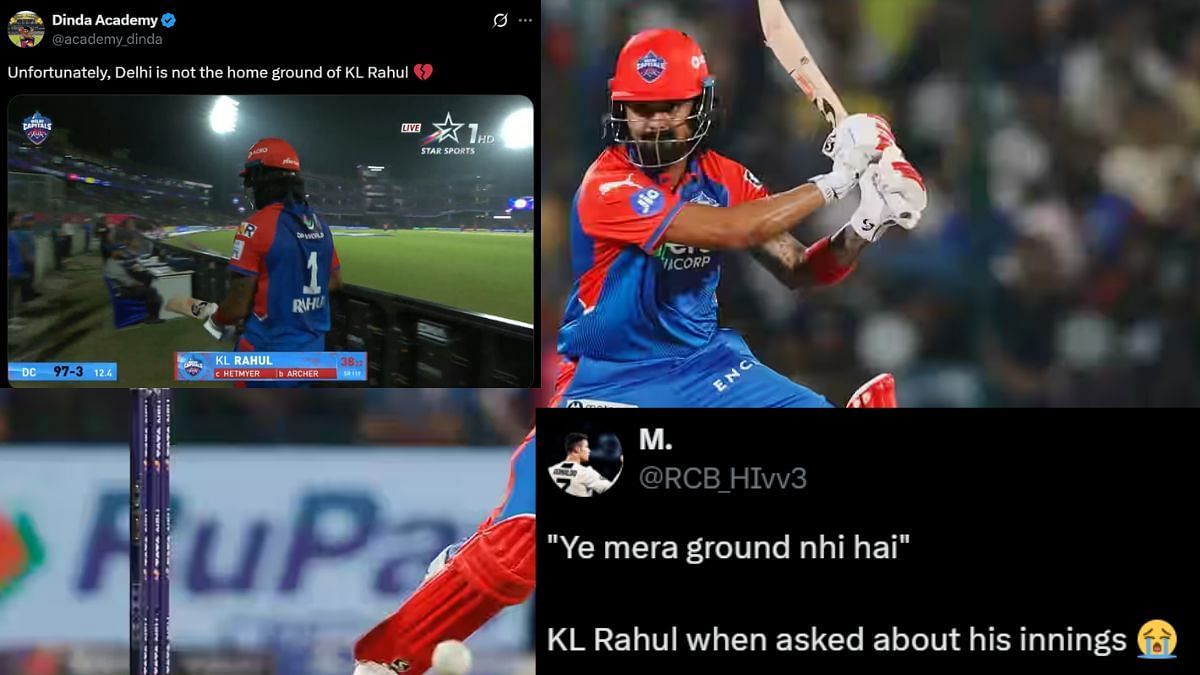 केएल राहुल की धीमी पारी का सोशल मीडिया पर उड़ा मजाक (Photo Credit_iplt20.com, X/@RCB_HIvv3, X/@academy_dinda)