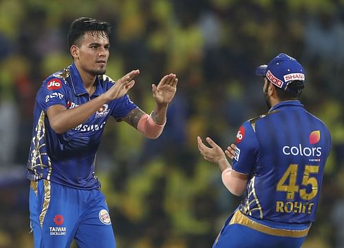 Rahul Chahar celebrates picking a wicket for MI. Source: Getty