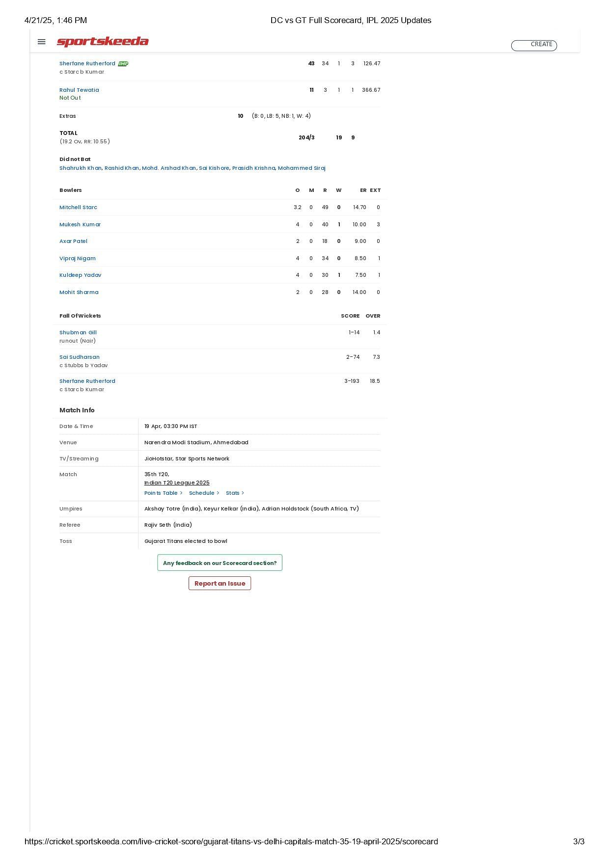 DC vs GT 2025 scorecard.