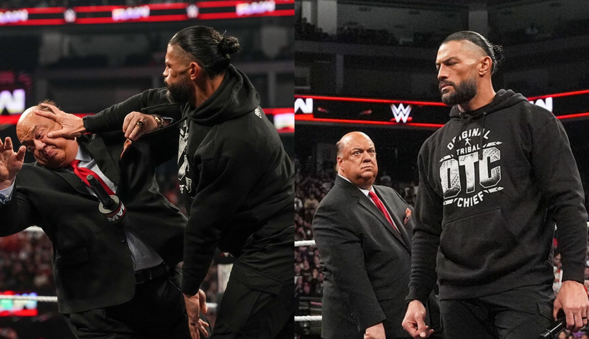 पॉल हेमन पर अटैक करते और उन्हें देखते हुए रोमन रेंस (Photo: WWE.com)