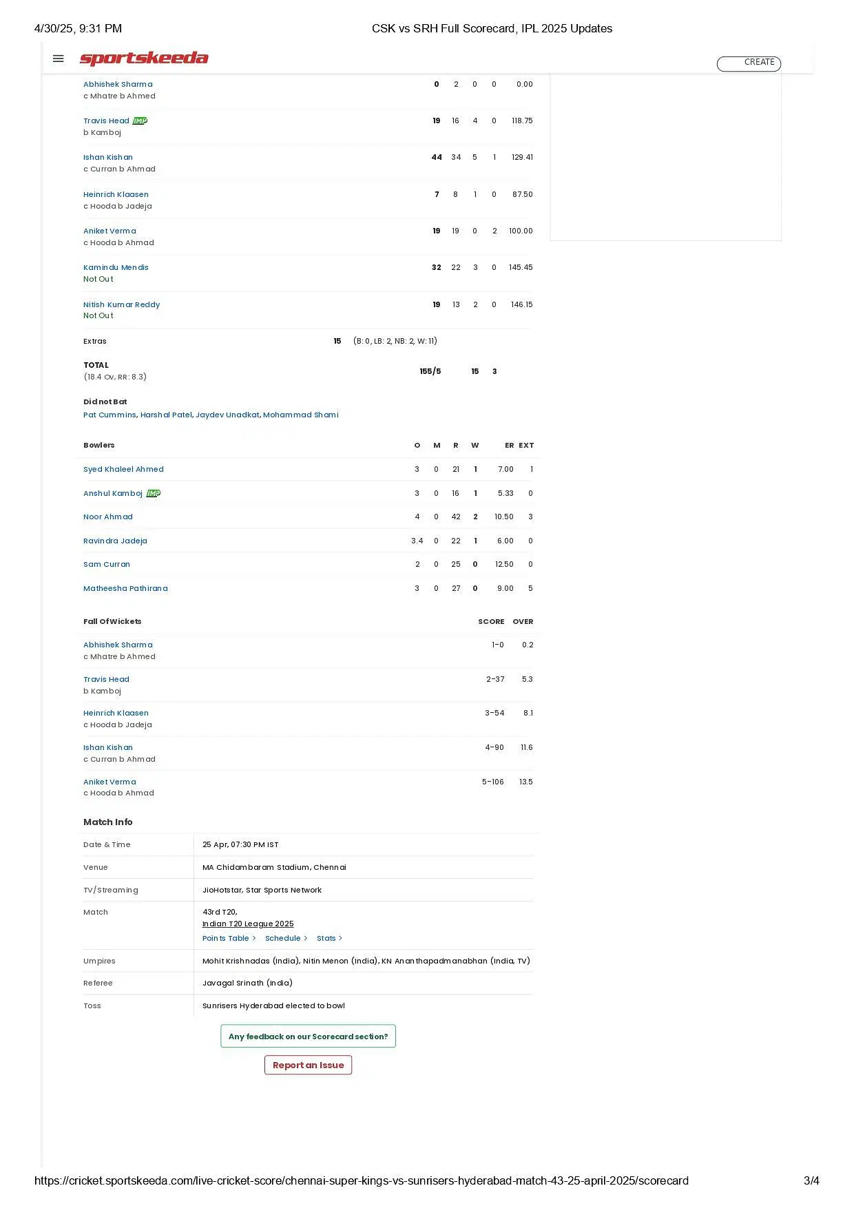 CSK vs SRH 2025 scorecard.