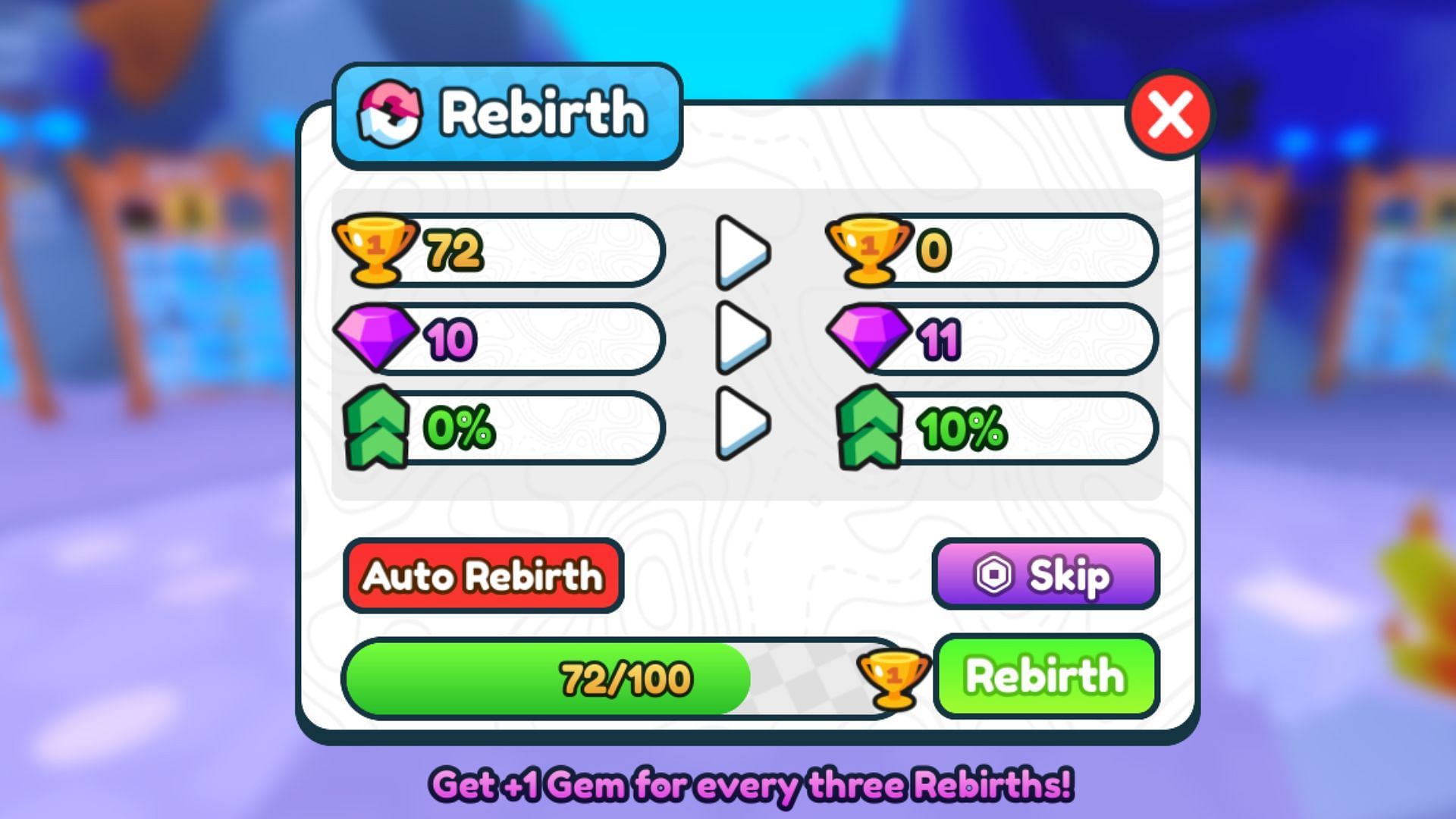 Perform Rebirths to get Gems and boosts (Image via Roblox)