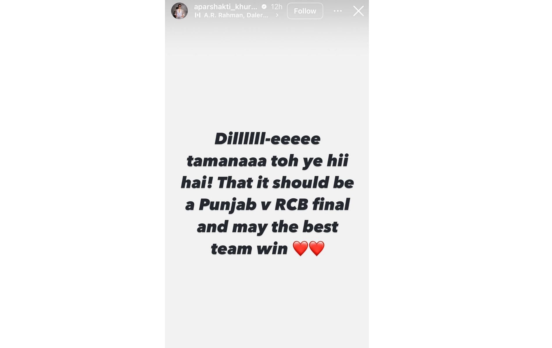 Screenshot of Aparshakti Khurana's Instagram story.