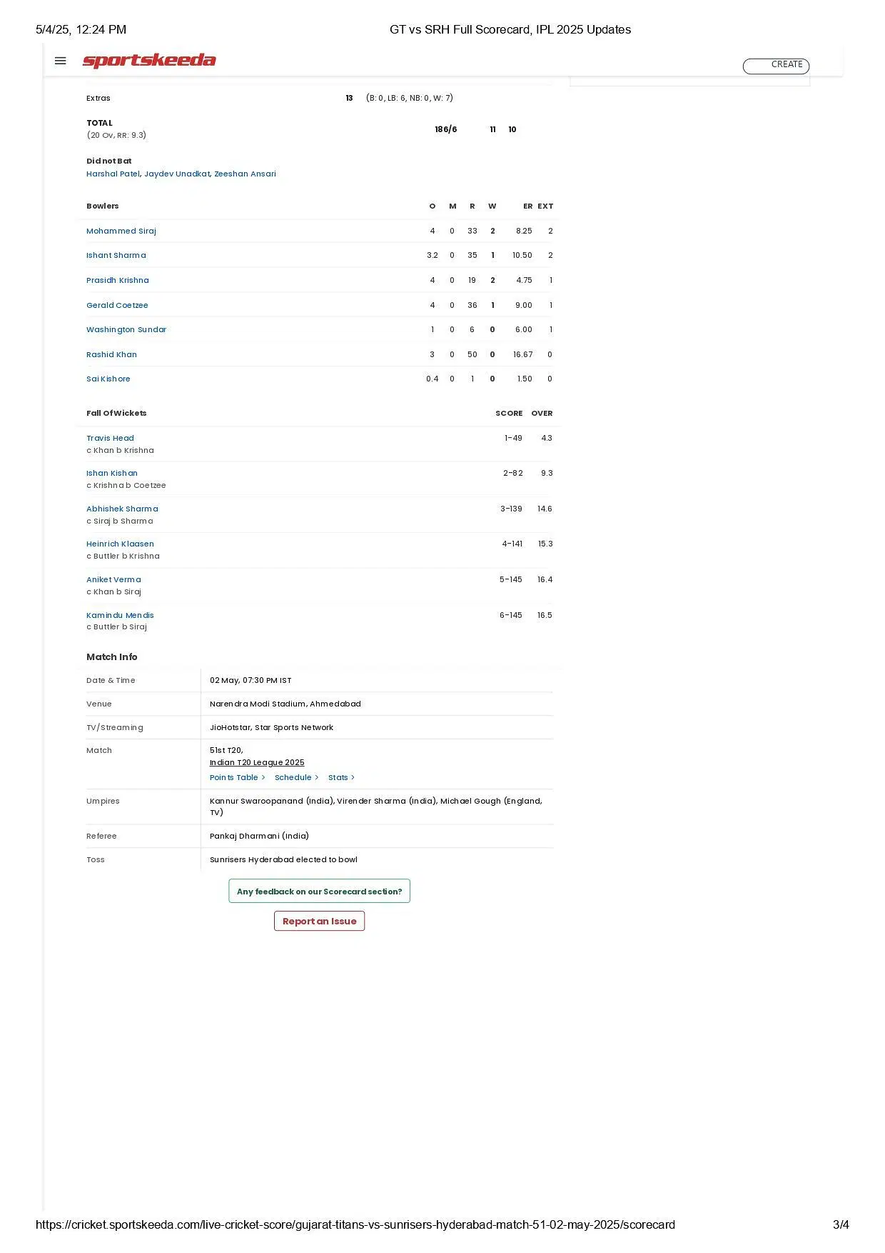 GT vs SRH 2025 scorecard.
