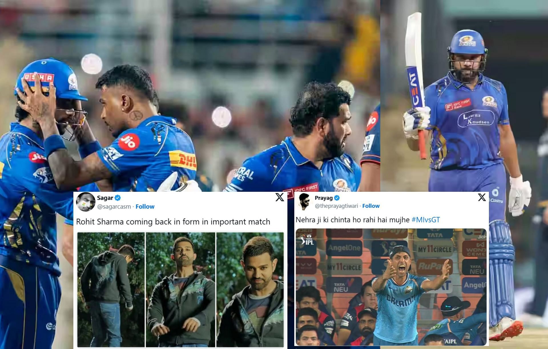 Fans react after 1st innings of MI vs GT match. (Image: bcci.tv, X - @theprayagtiwari, @sagarcasm)