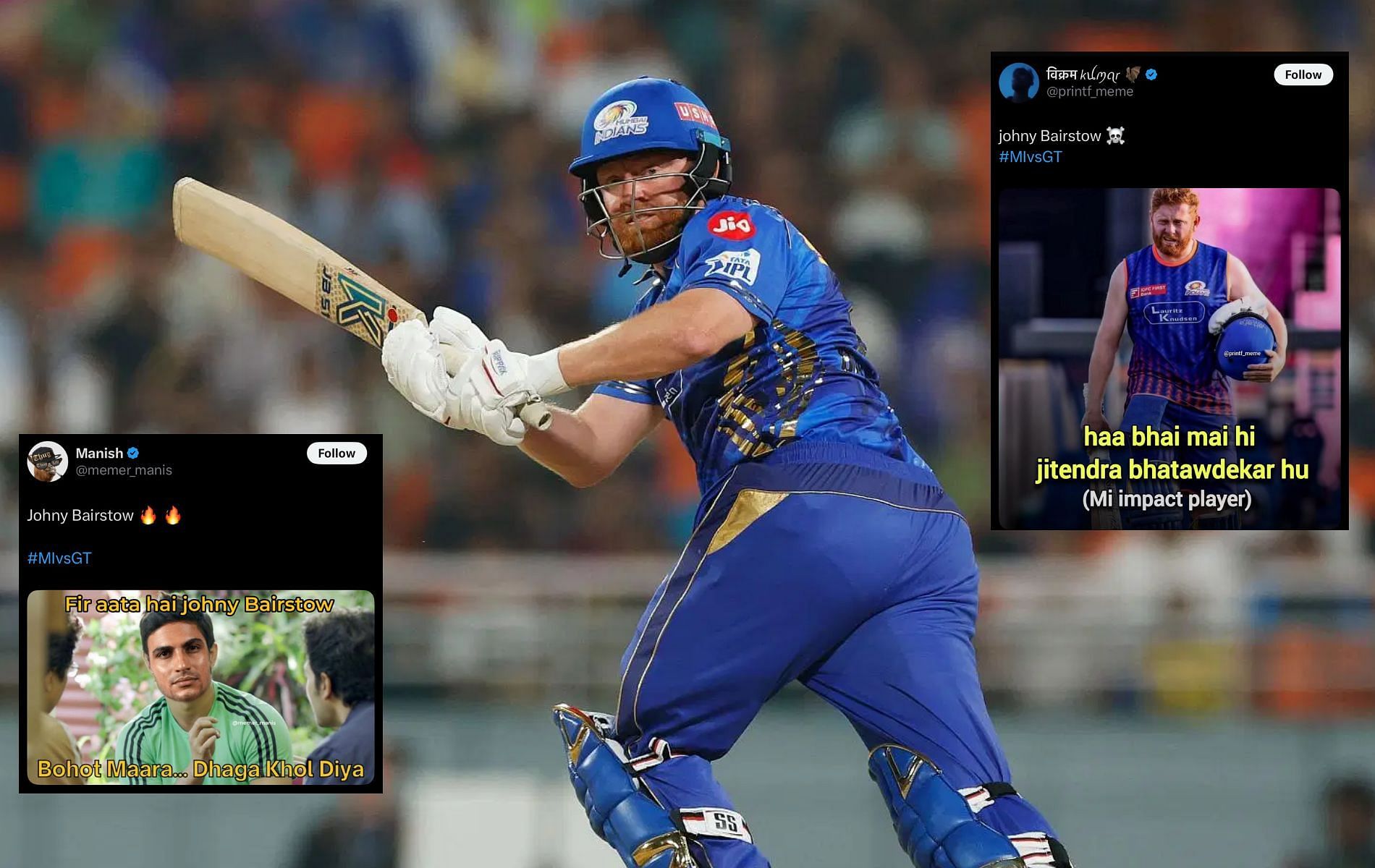 Jonny Bairstow scored 47 runs off 22 balls. (Pics: Getty Images/X/@printf_meme/@memer_manis).