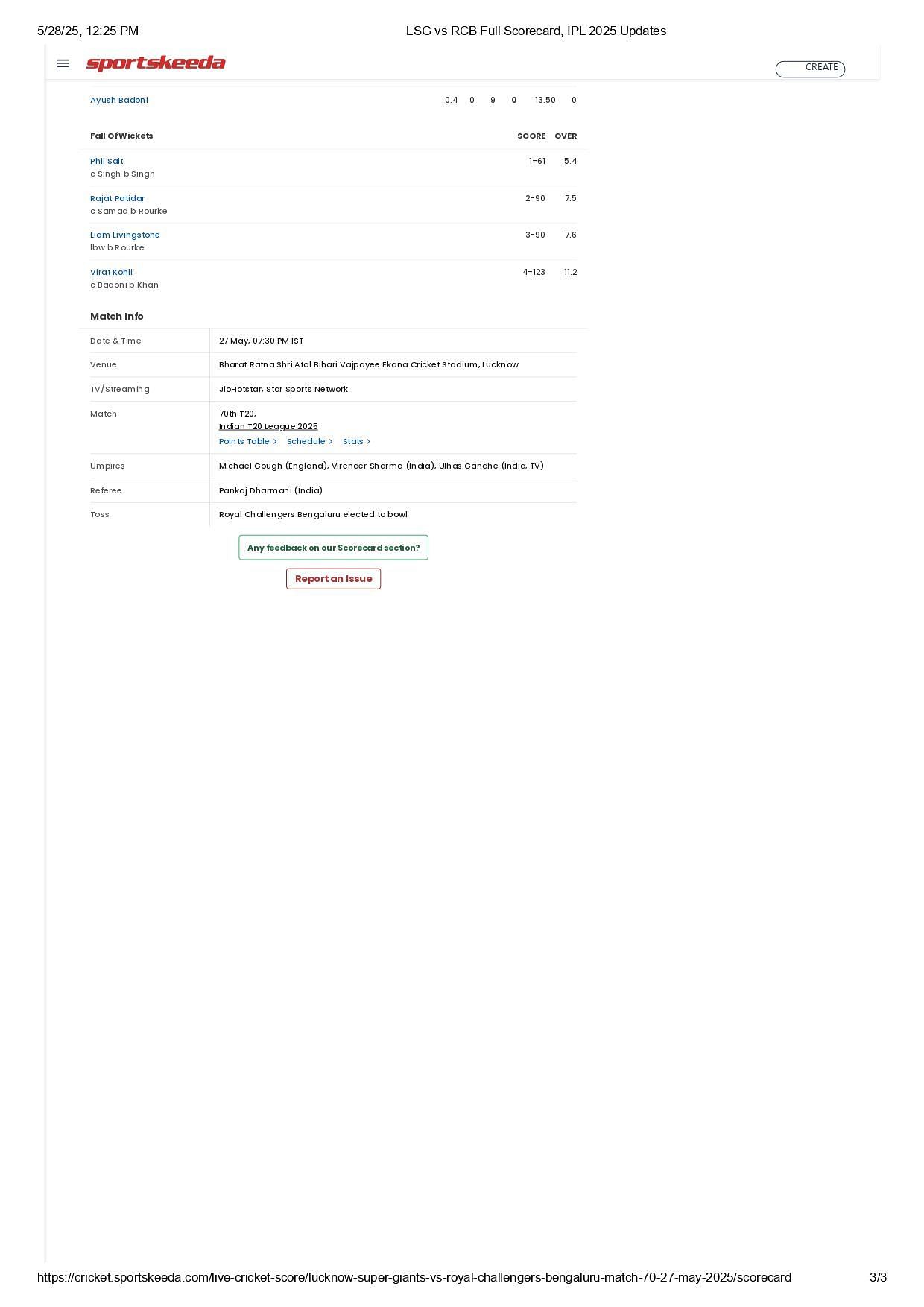 LSG vs RCB 2025 scorecard.