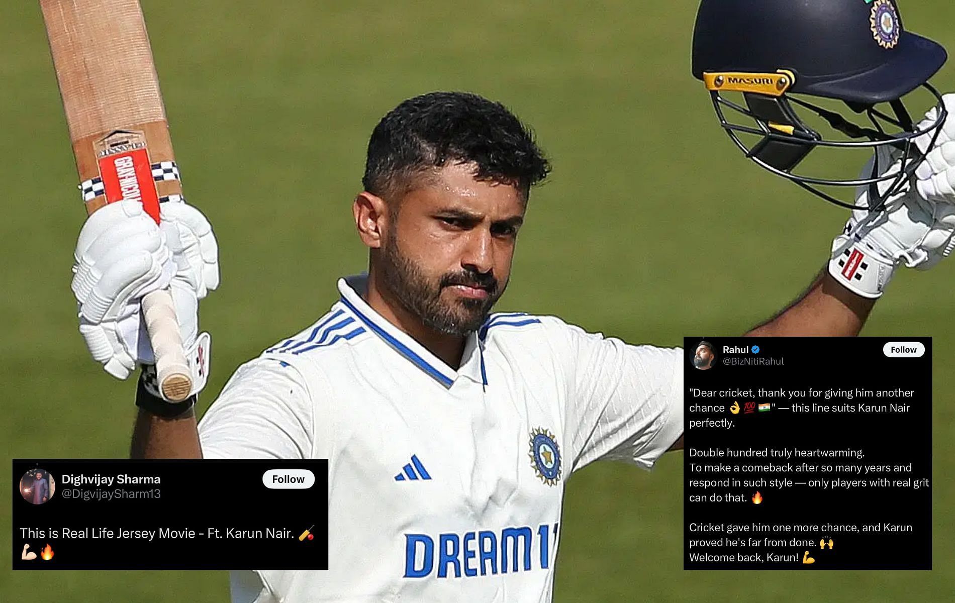 Karun Nair bagged widespread praise for his 204-run knock. (Pics: Getty Images/X/@BizNitiRahul/@DigvijaySharm13).