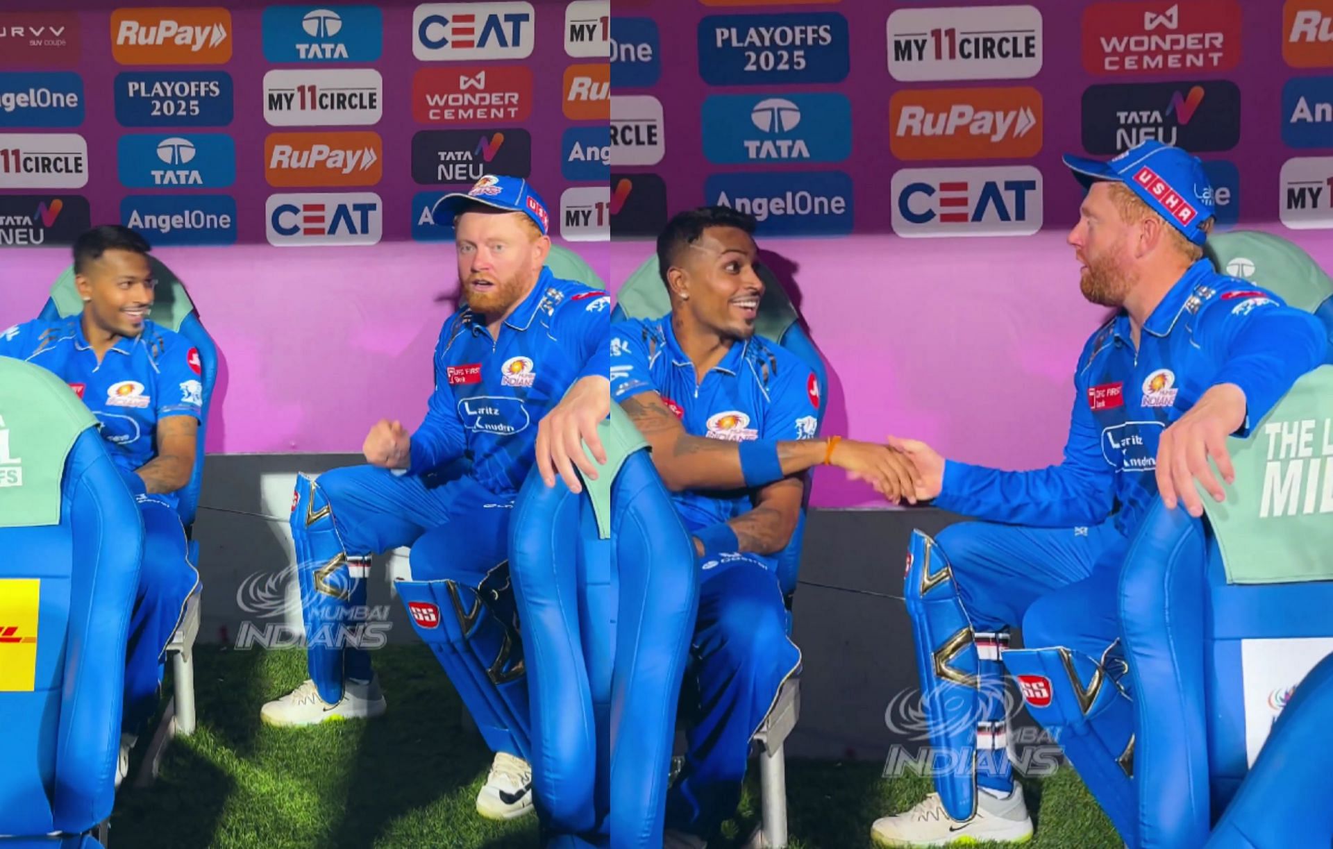 Hardik Pandya and Jonny Bairstow in MI dug out after IPL 2025 match vs GT. (Image: MI/X)