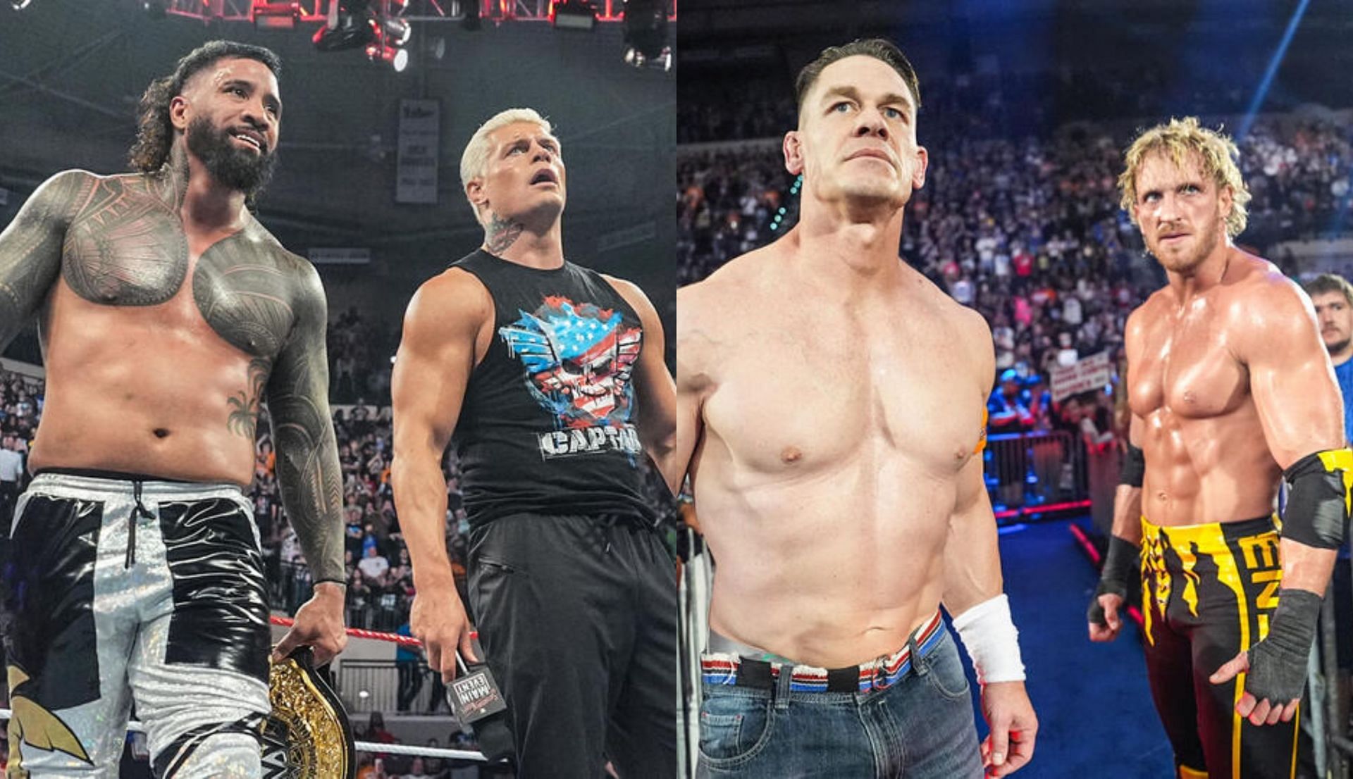 जॉन सीना-लोगन पॉल और कोडी रोड्स-जे उसो एक-दूसरे को घूरते हुए (Photo: WWE.com)