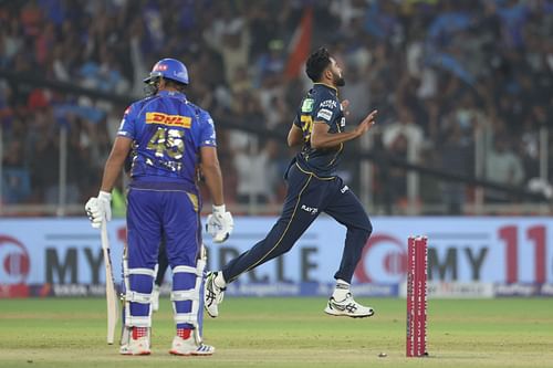 Mohammed Siraj celebrates Rohit Sharma's wicket. (Credits: Getty)