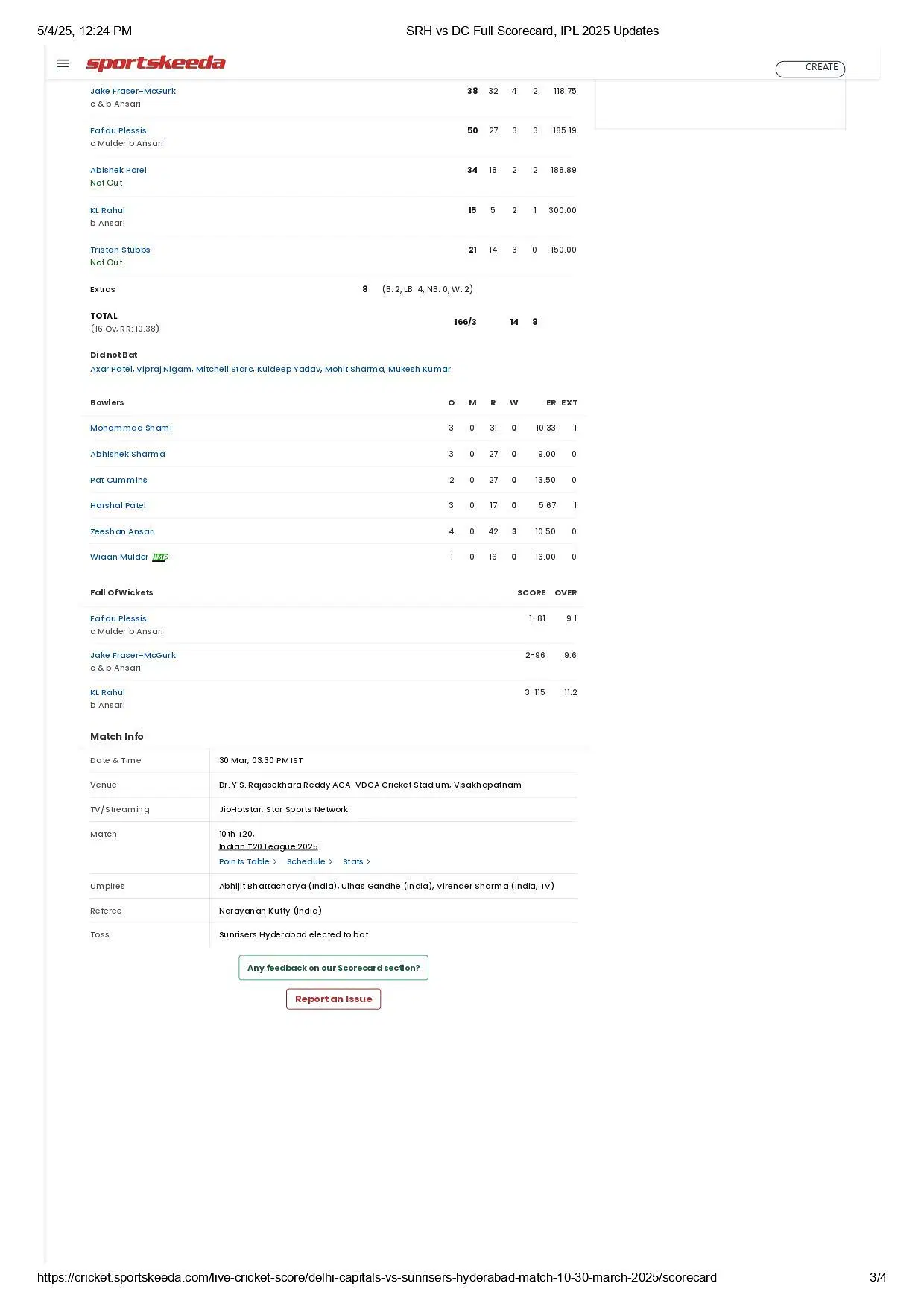 SRH vs DC IPL 2025 scorecard.