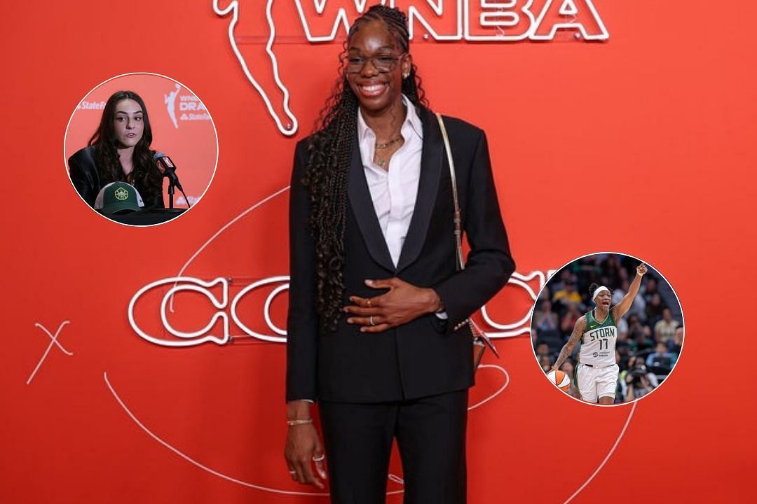 Dominique Malonga posses for pictures during the 2025 WNBA Draft, Nika Muhl during the WNBA Draft press conference, Erica Wheeler during a WNBA game for the Seattle Storm 