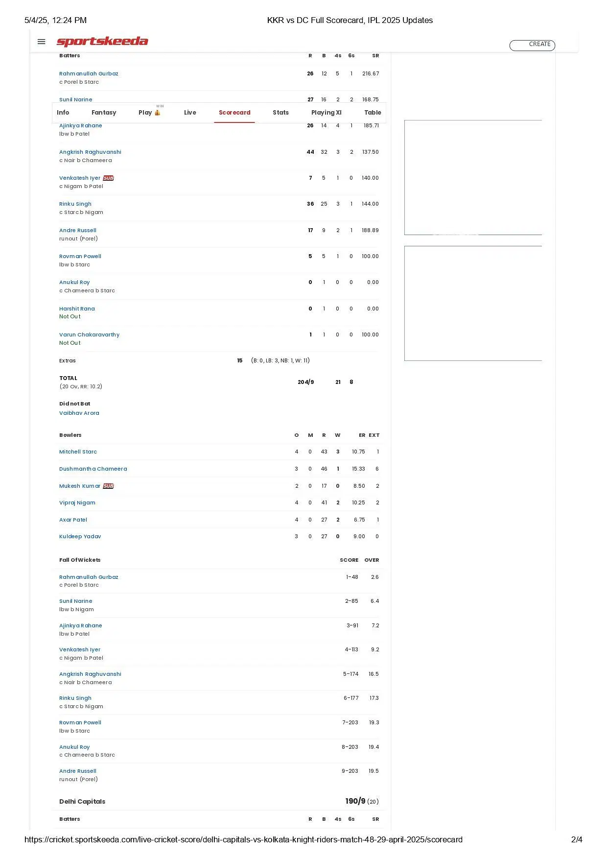 KKR vs DC 2025 scorecard.