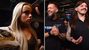 Finn Balor reacts after Liv Morgan catches Dominik Mysterio with another female WWE star
